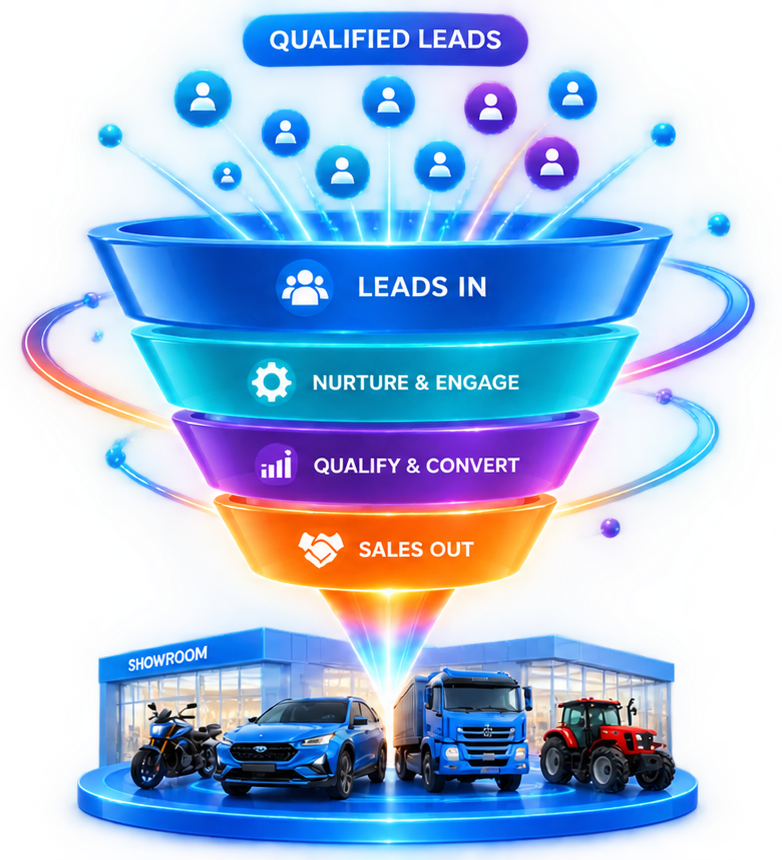 A digital sales funnel: qualified leads flow through nurture, qualify and convert stages down to a showroom with a bike, car, truck and tractor